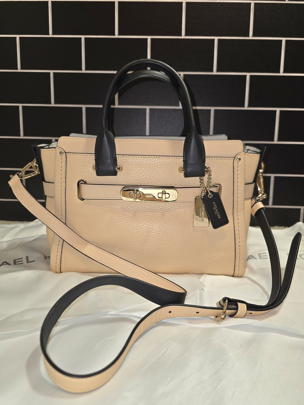 Coach Pebbled Leather Swagger 27 in Peach Salmon and Black (Style 34417) - Picture 8 of 16